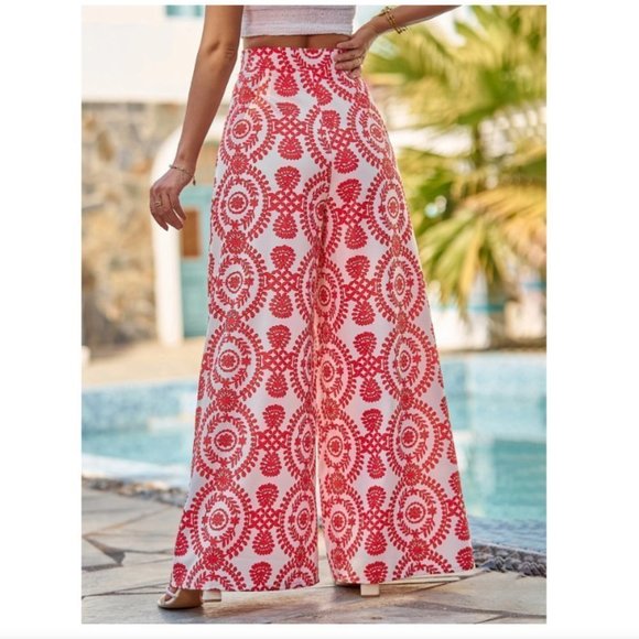 Red Boho Womens Damask Print Wide Leg Pants - Picture 2 of 5